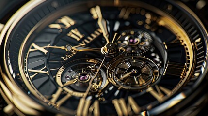 black background, close up of clock with gold details, insanely detailed and intricate, cinematic lighting