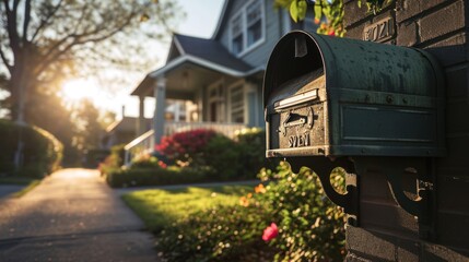 A mailbox is mounted on the brick wall of a house. The sun is setting in the background, creating a warm atmosphere.