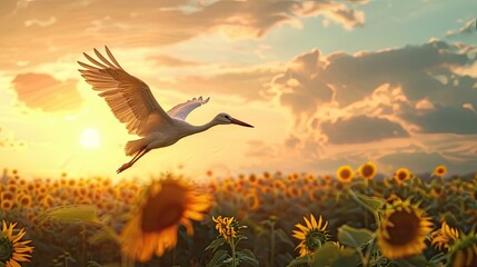 White stork flying over a field of sunflowers, golden hour illumination.