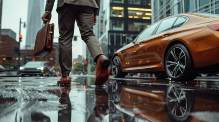 A man in business clothes, with a briefcase and leather boots walks to his car along a city street against the backdrop of modern buildings. Rear view of him walking with a suitcase.