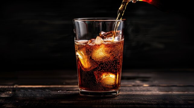 Close up cola drink liquid pouring in a glass on dark background. AI generated image