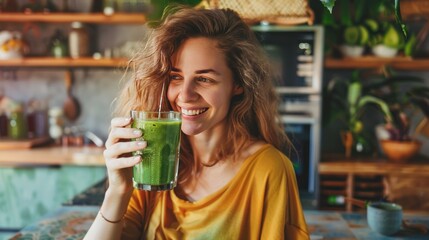 Portrait happy young woman drinking a glass fresh green healthy smoothie at home. AI generated
