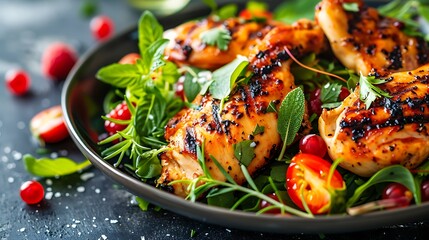 Colorful salad of grilled chicken with summer berries and herbs on the table