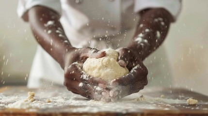 Fototapeta premium professional african american chef prepares dough from flour. Powdery flour flying into air. men hands with flour splash. Hands kneading raw dough. Culinary, cooking, bakery concept