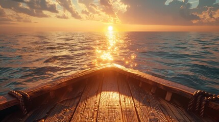 golden sunset seascape from wooden boat - obrazy, fototapety, plakaty