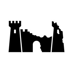 Destroyed castle icon. Ruin. Black silhouette. Front view. Vector simple flat graphic illustration. Isolated object on a white background. Isolate. © far700
