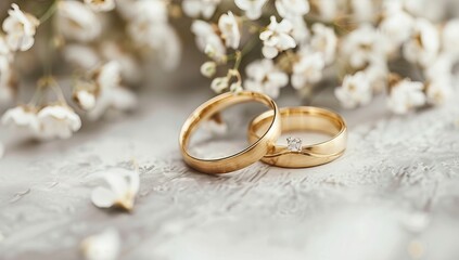 Obraz na płótnie Canvas Two golden wedding rings with white roses on a gold background stock images. Engagement rings with a bouquet of white flowers image. AI generated illustration