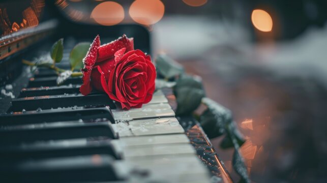 Romantic scene of red rose flower on white and black piano. AI generated image