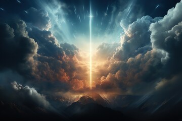 minimalistic design Resurrection - Light Cross Shape In Clouds - Risen - Jesus Ascends to Heaven Scene - obrazy, fototapety, plakaty