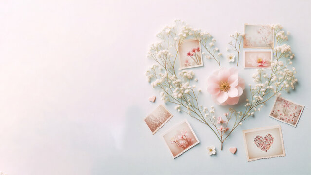 White flowers and vintage photo frames on pastel pink background with copy space