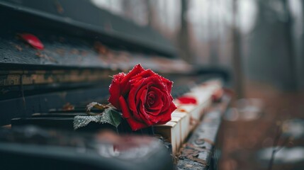 Romantic scene of red rose flower on white and black piano. AI generated image - obrazy, fototapety, plakaty