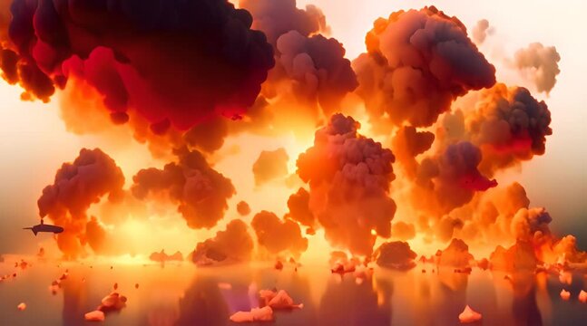 Multiple explosions with towering fireballs and smoke plumes against a clear sky, birds scattering away from the chaos and flames trailing on the ground