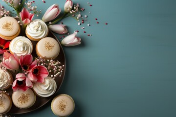 minimalistic design Mother's Day feast concept. Top view flat lay of cupcakes