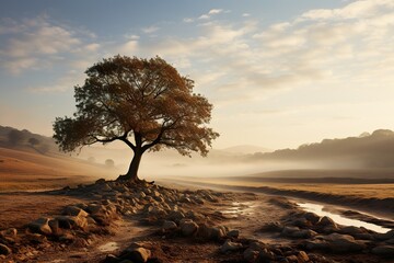 minimalistic design Old oak tree standing on the foggy field. - obrazy, fototapety, plakaty