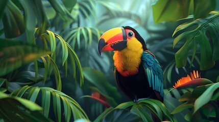 Fototapeta premium Exotic Toucan Bird Perched in Lush Tropical Jungle Foliage Vibrant Colorful Feathers and Beak Surrounded by Natural Wonder