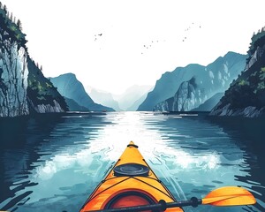 Serene Kayak Journey Through Majestic Coastal Landscapes with Towering Mountains and Mirrored Waters