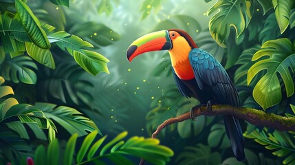 Fototapeta premium Vibrant Toucan Perched in Lush Tropical Jungle Foliage Exotic Bird Watching Adventure in Biodiversity Hotspot
