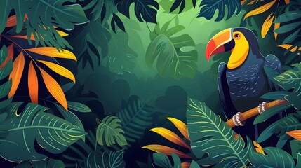 Fototapeta premium Vibrant Toucan Perched in Lush Tropical Jungle Biodiversity Hotspot Showcasing Nature s Wondrous Diversity