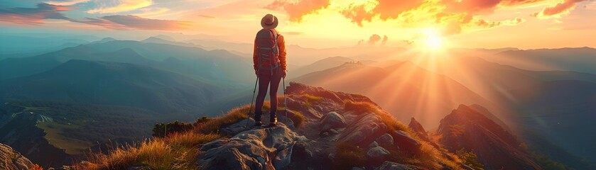 Solitary Backpacker Embarks on a Transformative Spiritual Journey Through Majestic Mountain Vistas at Sunset or Sunrise - obrazy, fototapety, plakaty