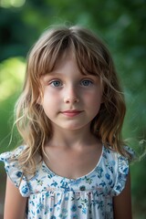 portrait of blond 5 years old girl on green background