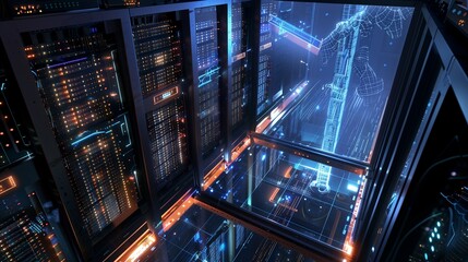 Beyond the Cloud: A Vision of Infinite Computing Power - Envision a state-of-the-art data center, viewed from an elevated perspective, glowing with the lights of thousands of server racks. - obrazy, fototapety, plakaty