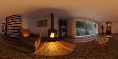 A living room with a fireplace and a spiral staircase 360 panorama vr environment map