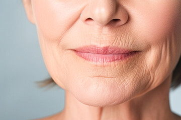 Close up of a mature woman's face with skin texture wrinkles. Cosmetic procedures for aging skin skin body care healthy lifestyle concept