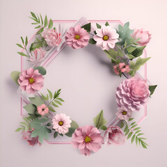 Floral wreath with pink flowers and green leaves on pink background