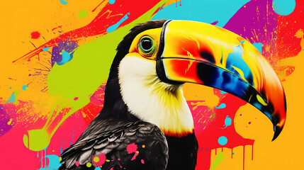 Toucan bird sitting on a tree branch on bright yellow background with multicolored splashes. Tropical nature summer vacation concept