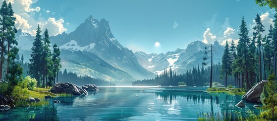 Paper Cut Style Tranquil Mountain Lake A Serene Nature Landscape