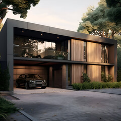 3d rendering of modern cozy house with garage and pool