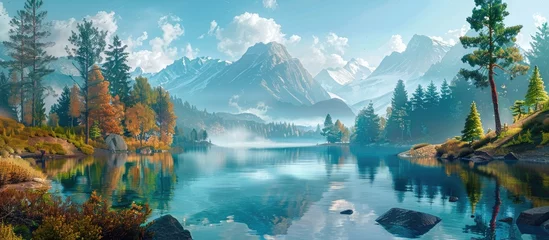 Foto op Plexiglas Paper Cut Style Tranquil Mountain Lake Amid Towering Pines © Sittichok