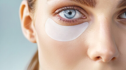 Young woman's face with a cosmetic eye patch against wrinkles and puffiness. Skin care rejuvenation concept