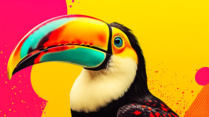 Toucan bird sitting on a tree branch on bright yellow background with multicolored splashes....
