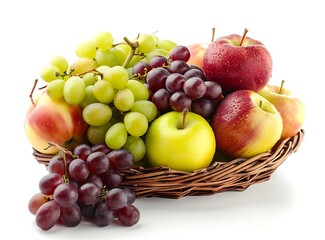 Naklejka na ściany i meble A pile of fresh fruits, including apples and grapes in an elegant basket on white background