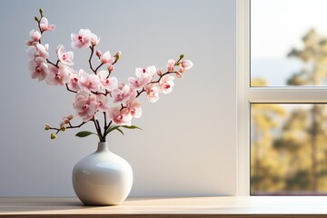 minimalistic design Vase with orchid flowers on white table near window indoors