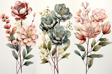 minimalistic design Watercolor floral illustration bouquet set - green leaves, pink peach blush white flowers