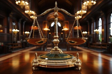 minimalistic design Shiny golden balanced scale in court library background as concept justice and fairness - obrazy, fototapety, plakaty
