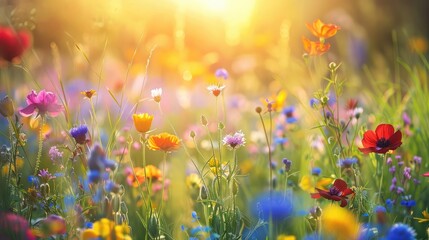A sun-kissed meadow alive with the vibrant colors of blooming flowers, a symphony of nature's brilliance under the open sky. - obrazy, fototapety, plakaty