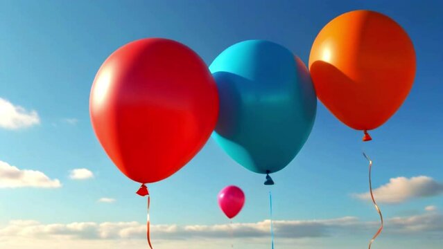Globos de colores de cumplea&ntilde;os volando por un cielo azul con nubes