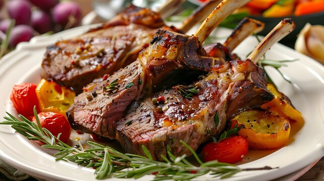 Grilled rack of lamb with vegetables on plate