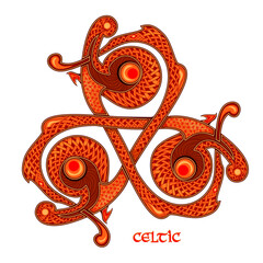 Ancient Breton triskelion vintage with Celtic knot pattern. Triple trickle Celtic spiral ornament. Old Nordic symbol. Ethnic magic sign. Print for logo, icon, coin, tattoo. Flat vector illustration.