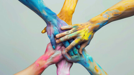 Human hands covered with paint reaching to each other. Help diversity togetherness concept