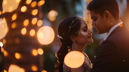 Couple in elegant attire close together with lights.