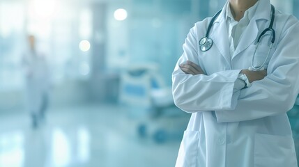 Compassionate Doctor Standing by for Care - Right-Side View with Stethoscope Against a Hospital Backdrop in Blur. - obrazy, fototapety, plakaty