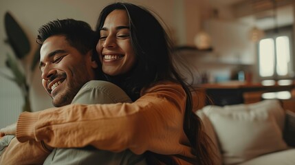 Portrait happy young couple indian man hug her latin woman at living room. AI generated - obrazy, fototapety, plakaty