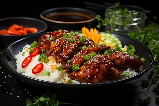 minimalistic design Sweet and sour chili sauce chicken with rice in a plate,