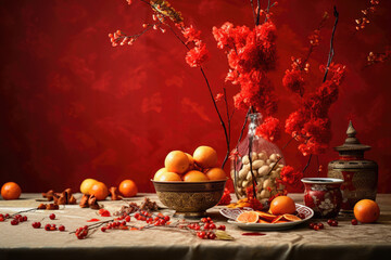Chinese New Year's composition featuring red flowers and mandarins on a red cloth. AI generative.