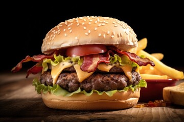 Double Burger with Bacon and Cheddar. AI generative.