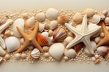 Fototapeta na wymiar minimalistic design Top view of a sandy beach with collection of seashells and starfish as natural textured